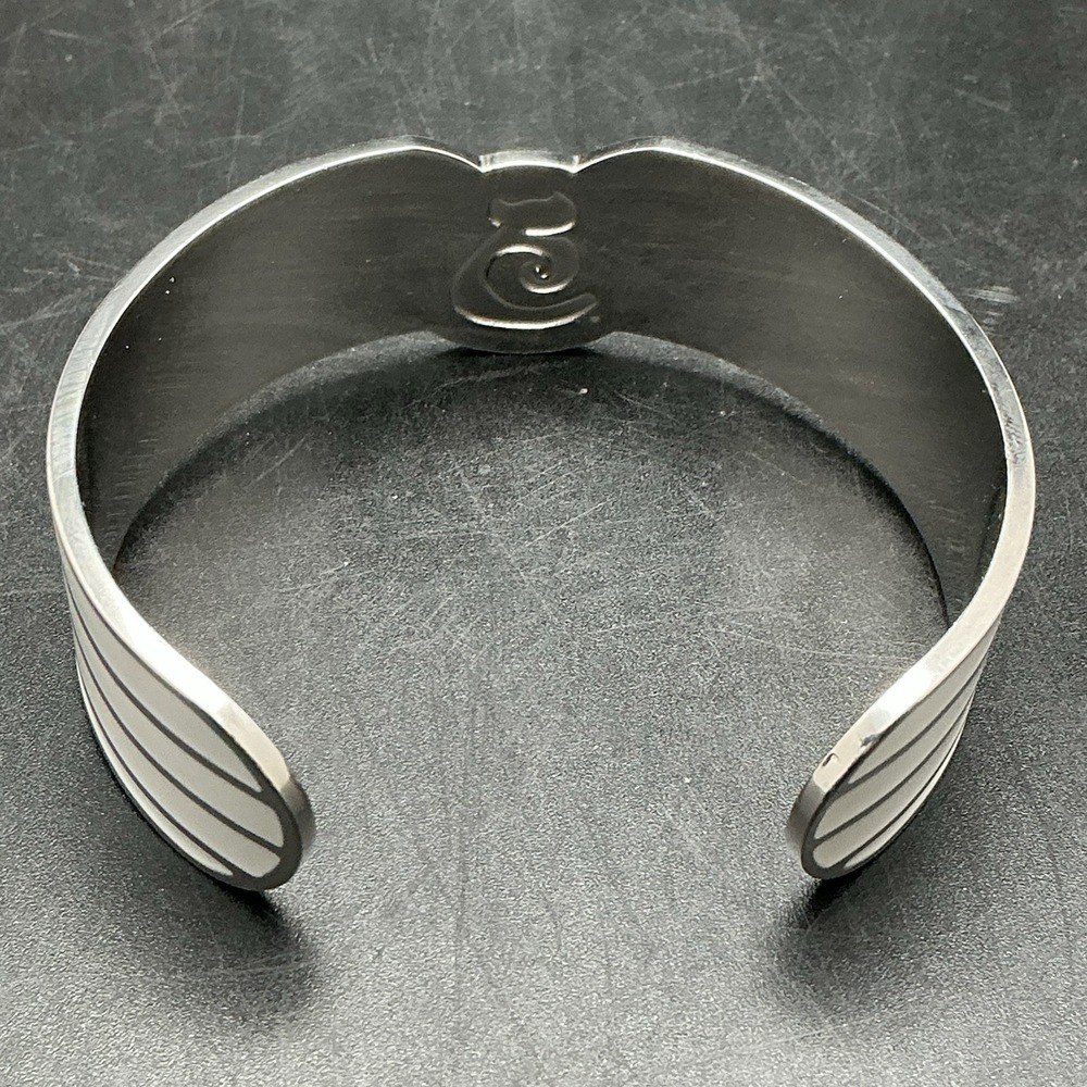Cat Lady Silver Tone-White Enamel Wide Open Cuff Bracelet Stacked Cat Ear Design - Picture 2 of 5